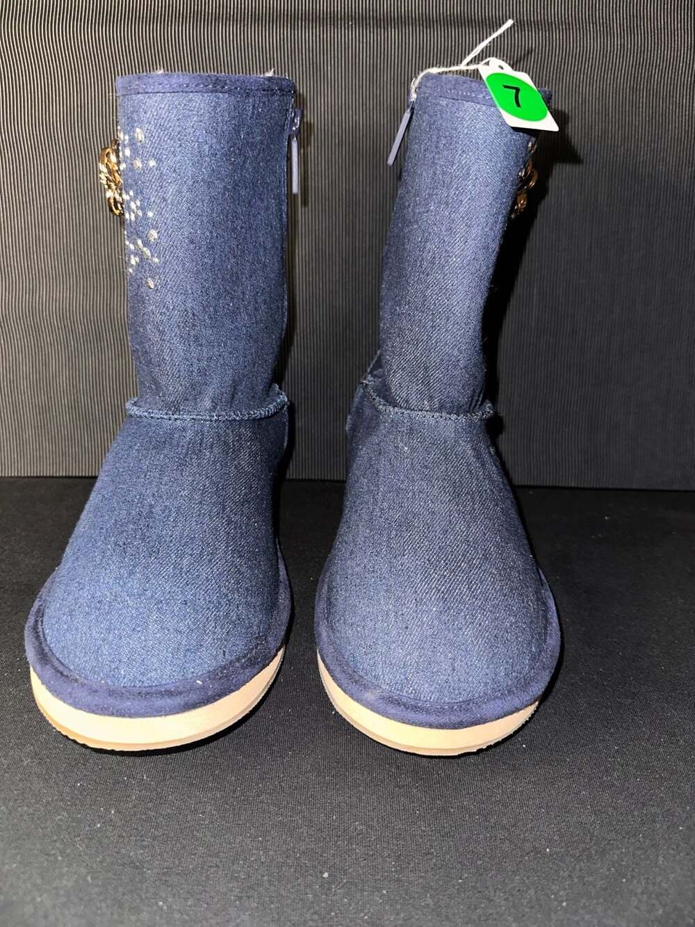 No.07 Joan Boyce Dollie Blue Denim Faux Fur Lined Boots with Flower Detail